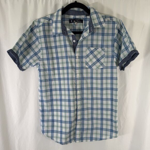 Ben Sherman Shirt Boy Large 14 16 Blue Green Plaid Button Up Short Sleeve Cotton - Picture 1 of 11